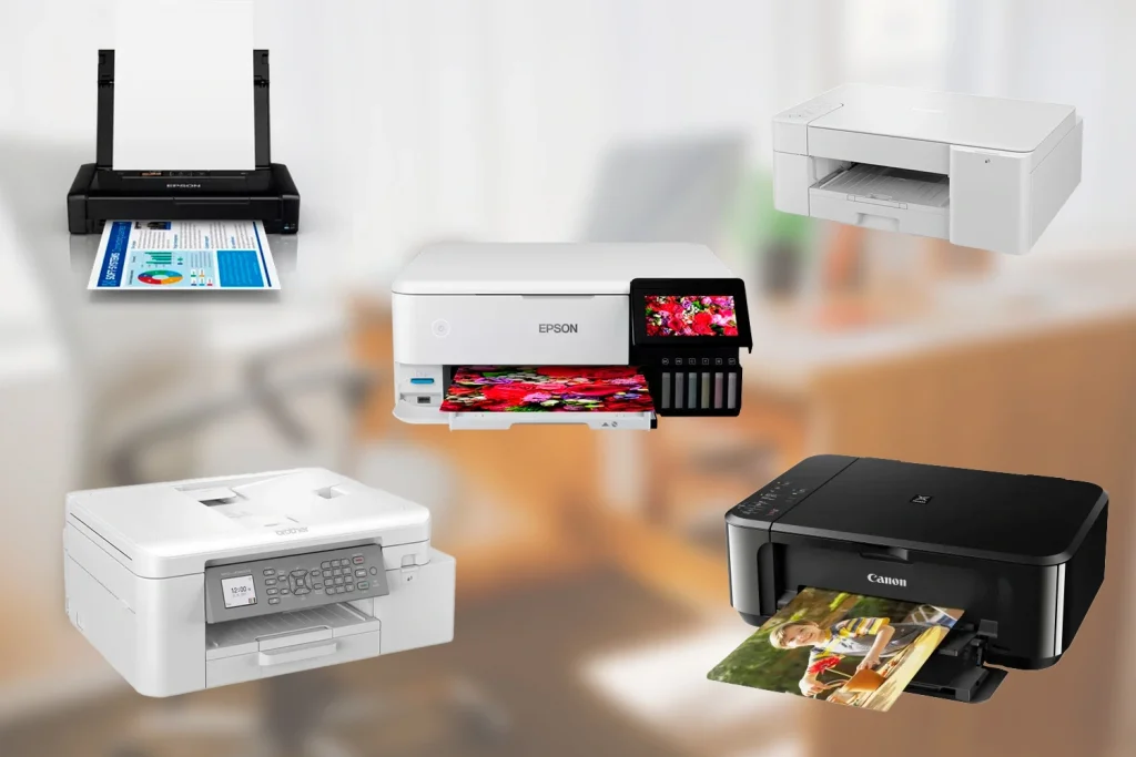 Billede af de top 5 bedste printere indsat på en sløret baggrund af et kontormiljø