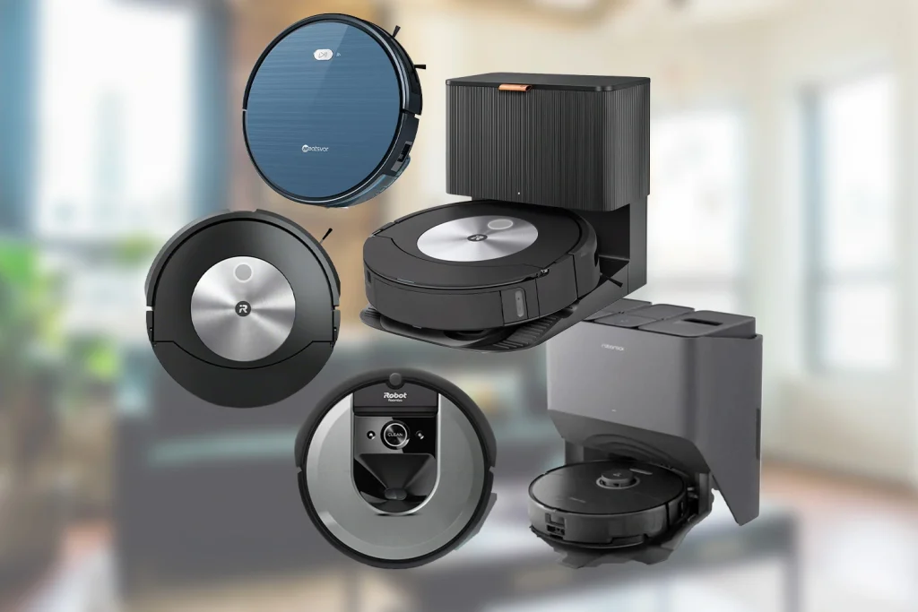 Billede af de top 5 bedste robotstøvsugere på en sløret baggrund af en stue