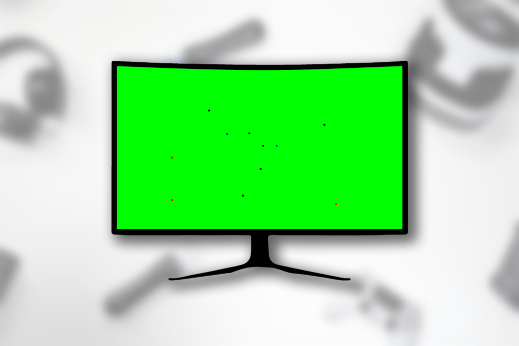 Billede af gaming skærm, der viser en grøn skærm med en masse små prikker, der skal forestiller døde eller fastlåste pixels